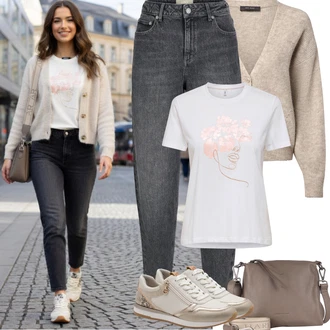 Outfit s Béžová/Khaki/Hnědá Kašmírový kardigán/Svetr s podšívkou/Krátký svetr/Vintage svetr/Kardigán s výstřihem do V/Vlněný kardigán MOS MOSH "Jarní Outfit"