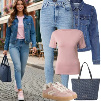 90tá léta Outfit s Světle modrá/Modrá Kožená bunda/Push up Džín/Džíny s Dírou/Zimní bunda/Džíny s Rozparkem/High Waist Džínové Kalhoty Pieces "Jarní Outfit"Look: Styl, Emo, 90tá léta, Cool, Univerzitní