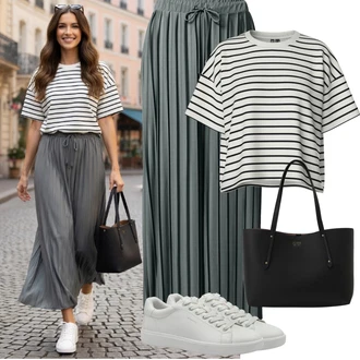 Nadrozměrné Outfit s Bílá/Tmavě modrá/Béžová/Černá Pieces "Jarní Outfit"Look: Chill, Námořní, Univerzitní, Hip Hop, Nadrozměrné