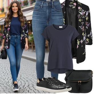 Elegantní, Ležérní Outfit s Tmavě modrá Tričko/Jednoduchý top/Funkční tričko/Košilový top/Tričko s krátkým rukávem/Krátký top/Zavinovací Tričko Vila, Černá/Hnědá Taška Přes Rameno/Taška/Klasická Taška Přes Rameno/Brašna/Sportovní Taška Přes Rameno About You "Jarní Outfit"Look: Cool, Pro Dům, Elegantní, Nadrozměrné, Rad, Šik, Klasické, Kancelář, Old Money, Vintage