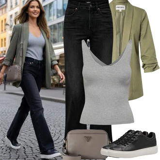 Elegantní, Ležérní Outfit s Černá Kožené tenisky/Nízká Teniska/Teniska na platformě/Úzká teniska Tamaris "Jarní Outfit"Look: Bad Taste, Ležérní, Hip Hop, Lak, Skater, Chytrý příležitostný, Sportovní, Unisex