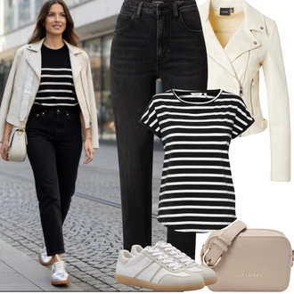 Motorka Outfit s Béžová/Krémová/Zlatý/Bílá/Khaki VERO MODA "Jarní Outfit"Look: Motorka, Jízda na koni