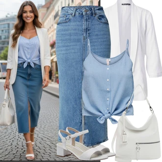 Normální délka Outfit s Světle modrá/Modrá Džínová vintage sukně/Džínová Sukně Vila, Světle modrá/Modrá Pánské boty/Pletený top/Halenka Bez Rukávů/Top Se Špagetovými Ramínky/Krátký top/Košilový top Only "Jarní Outfit"