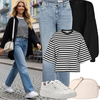 Outfit s Šedá/Krémová/Bílá/Stříbrný Teniska na platformě/Nízká Teniska/Kožené Tenisky/Úzká Teniska Tamaris "Jarní outfit"