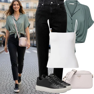 Elegantní, Ležérní Outfit s Černá Kožené tenisky/Nízká Teniska/Teniska na platformě/Úzká teniska Tamaris "Jarní Outfit"Look: Bad Taste, Ležérní, Hip Hop, Lak, Skater, Chytrý příležitostný, Sportovní, Unisex