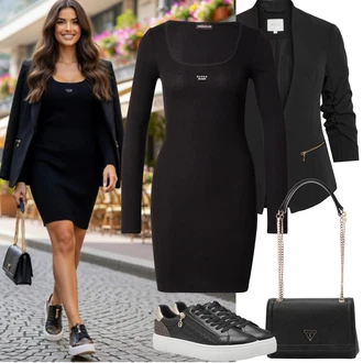 Outfit s Černá Kožená Pánská Bund/Smokingové sako/Elegantní Sako/Krátké Sako/Neformální Sako/Blůzové Sako/Boyfriend Sako/Kožená bunda pro muže/Blejzrové Bund Vila, Černá/Béžová Teniska se Třpytkami/Úzká teniska/Kožené tenisky/Teniska s dírkovaným vzorem/Nízká Teniska/Tenisky s Bočním Zipem/Teniska na platformě Tamaris "Jarní Outfit"