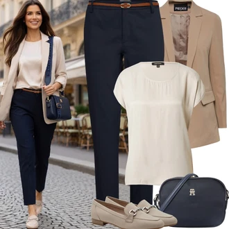 Outfit s Béžová/Hnědá/Khaki/Bílá Halenek top/Tričko/Jednoduchý top/Top Na Party/Krátký top/Síťované tričko/Košilový top/Pletený top/Pletené tričko/Tričko s vodopádovým výstřihem More & More "Jarní Outfit"