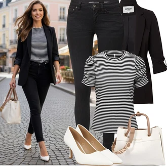 Outfit s Černá Blůzové Sako/Dlouhý Sako/Neformální Sako/Cargo Sako/Smokingové sako/Oversize Sako/Krátké Sako/Boyfriend Sako/Blejzrové Bund/Kožená Pánská Bund/Kožená bunda pro muže Only, Černá/Tmavě šedá Džínové Legíny/Jeggings/Skinny Kalhoty Tom Tailor Denim, Tmavě šedá/Černá/Tmavě modrá Pruhované Tričko Only "Frühlings Outfit"