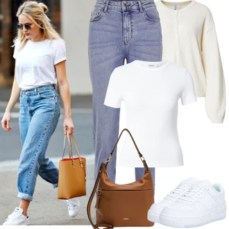 90tá léta Outfit s Světle modrá Mom Jean/Dad Džíny/Boyfriend Džínové kalhoty/High Waist Džínové Kalhoty/Navlékací džíny/Zužující se Džíny/Girlfriend Džíny/Kožená Pánská Bund/Vintage džíny/Zkrácené Džíny Pieces "Jarní Outfit"Look: Emo, Styl, 90tá léta, Ležérní, Cool, Krásný, Old Money