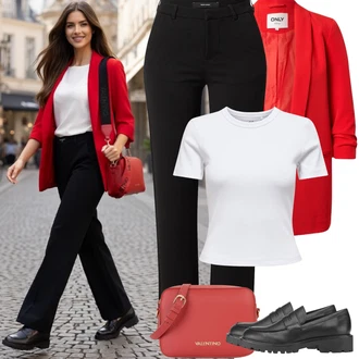 Outfit s Černá Kalhoty s 5 kapsami/Business Kalhoty/Boyfriend Kalhoty/Rovná Kalhoty/Pohodlná Kalhoty/Obleková Kalhoty/Žerzejová Kalhoty/Dlouhá Kalhoty/Úzká Kalhoty/Bengaline Kalhoty VERO MODA "Jarní Outfit"