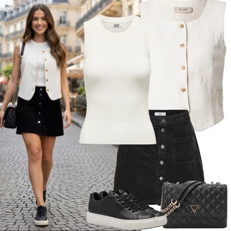 Outfity pro jaro Ležérní s Černá Kožené tenisky/Nízká Teniska/Teniska na platformě/Úzká teniska Tamaris "Jarní outfit"Look: Bad Taste, Ležérní, Hip Hop, Lak, Skater, Chytrý příležitostný, Sportovní, Unisex