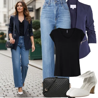 Elegantní Outfit s Tmavě modrá/Světle modrá Vila, Černá/Hnědá/Bílá Ledvinka/Klasická Taška Přes Rameno/Malá Taška/Taška na telefon/Brašna/Sportovní Taška Přes Rameno About You "Jarní Outfit"Look: Kancelář, Business, Elegantní, Rad, 20 léta, Šik, Cool, Disko, Old Money