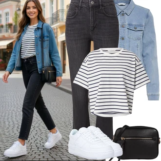 Elegantní, Ležérní Outfit s Černá/Hnědá/Bílá Taška Přes Rameno/Pánská taška/Pásková taška/Plážová Taška/Taška/Klasická Taška Přes Rameno/Malá Taška/Brašna/Sportovní Taška Přes Rameno/Cestovní Taška About You "Jarní Outfit"Look: Rad, Klasické, Elegantní, Old Money, Burleska