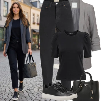 Chytrý příležitostný Outfit s Černá Teniska Kožené Tenisky/Nízká Teniska/Teniska na platformě/Úzká Teniska Tamaris "Jarní Outfit"Look: Bad Taste, Ležérní, Hip Hop, Lak, Skater, Chytrý příležitostný, Sportovní, Unisex