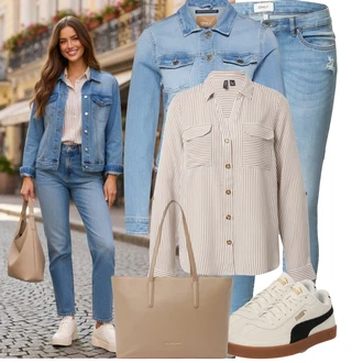 Motorka Outfit s Světle modrá/Modrá Krátké Džínové Bundičky/Vintage Bund Only "Jedinečný volnočasový outfit"Look: Motorka, Pracovní, Jízda na koni