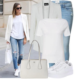 Elegantní, Ležérní Outfit s Bílá Nízká Teniska/Teniska s dírkovaným vzorem/Úzká teniska/Teniska na platformě Puma "Módní outfit pro volný čas"Look: Estetika, Bad Taste, Ležérní, Disko, Skater, Sportovní, Unisex