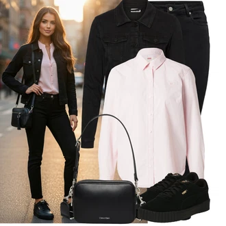 Outfit s Černá Kožená bunda/Termální Džíny/Push up Džín/Kožené Boty/High Waist Džínové Kalhoty/Džíny s Rozparkem/Motorkářské Džíny Only, Černá/Tmavě modrá Nezařazené Noisy may "Módní outfit pro volný čas"