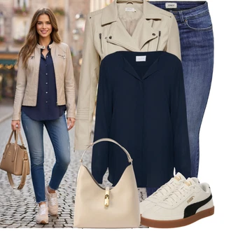 Motorka Outfit s Khaki/Hnědá/Béžová Motorkářské Bund/Bunda z Umělé Kůže/Bunda s Bočním Zipem/Kožené Bund/Motorkářská bunda Only "Módní outfit pro volný čas"Look: Motorka, Jízda na koni