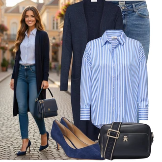 Od 50 let Outfit s Modrá/Světle modrá/Tmavě modrá Džíny Kožená bunda/Zimní bunda/Push up Džín/Navlékací Džíny/Džín s Nízkým Pasem/Kožené Boty/Kotníková Bota/Džíny s Nízkým Sedem Only "Módní outfit pro volný čas"