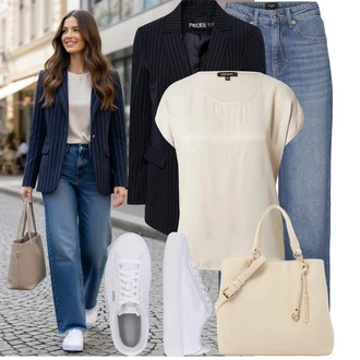 Elegantní, Ležérní Outfit s Béžová/Hnědá/Khaki/Bílá Síťované tričko/Top Na Party/Košilový top/Krátký top/Tričko/Jednoduchý top/Halenek top/Tričko s vodopádovým výstřihem/Pletený top/Pletené tričko More & More, Bílá Nízká Teniska/Teniska s dírkovaným vzorem/Úzká teniska/Teniska na platformě Puma "Módní outfit pro volný čas"Look: Skromné, Traditional, 20 léta, Elegantní, Old Money, Univerzitní, Mom, Kancelář, Estetika, Bad Taste, Ležérní, Disko, Skater, Sportovní, Unisex