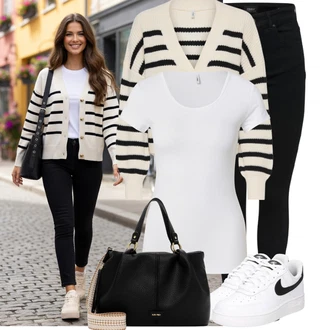 Od 50 let Outfit s Černá/Bílá Džíny Kožená bunda/Kožené Boty/Zimní bunda/Slim Fit Džíny/Džíny s Nízkým Sedem/Push up Džín/Motorkářské Džíny/Termální Džíny Only "Oblečení pro volný čas"