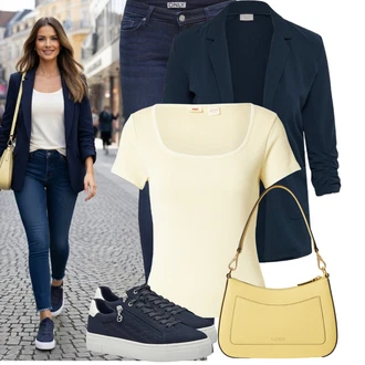 Outfit s Modrá/Tmavě modrá/Světle modrá Nízká Teniska/Teniska s dírkovaným vzorem/Letní Tenisky/Teniska na platformě/Úzká Teniska/Tenisky s Bočním Zipem/Kožené Tenisky Tamaris "Oblečení pro volný čas"