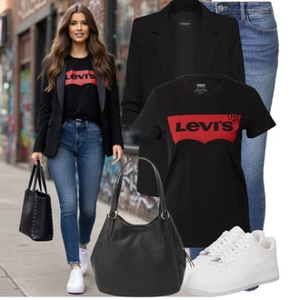 s tlačítkem Outfit s Černá/Bílá/Hnědá Velká taška/Obchodní Taška/Taška/Kancelářská Taška/Brašna/Shopper taška/Sportovní Taška Přes Rameno About You "Oblečení pro volný čas"
