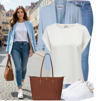 Vysoký Pas Outfit s Modrá/Světle modrá Kožená bunda/High Waist Džínové Kalhoty/Džíny s Rozparkem/Push up Džín/Slim Fit Džíny/Navlékací džíny/Kožené Boty/Zimní bunda Tommy Hilfiger "Oblečení pro volný čas"