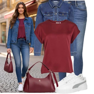 Outfit s Tmavě červená/Hnědá/Růžová/Vínová/Červená Halenek top/Krátký top/Košilový top/Jednoduchý top/Síťované tričko/Top Na Party/Tričko/Tričko s krátkým rukávem Vila "Oblečení pro volný čas"