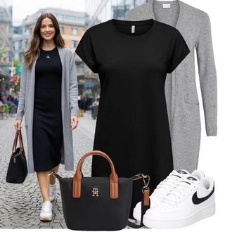 Na Procházku Zima Outfit s Šedá/Tmavě šedá/Světle šedá Pletenina veľkej veľkosti/Šaty Móda Pro Plnoštíhlou/Kabát/Tunika Vila "Oblečení pro volný čas"Look: Volný čas, Na Procházku