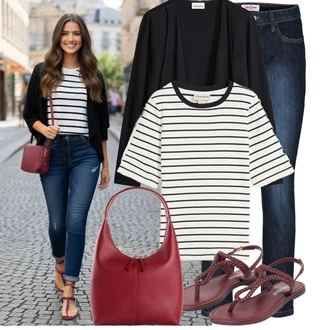 Outfit s Bílá/Černá/Tmavě modrá/Hnědá Pruhované Tričko/Ležérní košile/Košilová Blůza/Košile s krátkým rukávem Bonprix "Jedinečný volnočasový outfit"