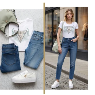 Outfit s Světle zelená/Zelená/Světle modrá Sportovní Taška Přes Rameno/Taška Přes Rameno/Klasická Taška Přes Rameno/Taška/Malá Taška/Brašna Guess "Cool každodenní outfit"