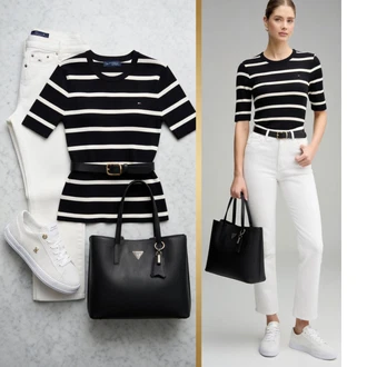 Premium Outfit s Bílá Teniska Kožené Tenisky/Nízká Teniska/Lodička s Přezkou/Úzká Teniska/Nazouvací Teniska/Teniska s dírkovaným vzorem/Tenisky s Bočním Zipem/Teniska teddy/Teniska se zapínáním na suchý zip Tommy Hilfiger "Cool každodenní outfit"Look: Klasické, Duckfeet, Elegantní, Premium, Bezešvé, Sportovní, S průsvitem, Trendový, Cool