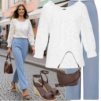 Outfit s Hnědá/Červená/Béžová/Tmavě Hnědá Bota Espadrille sandál/Bota Na Klínku/Sandál na klínku/Espadrilka s klínovým podpatkem/Letní Bota Bonprix "Letní vzhled pro módní ženy"
