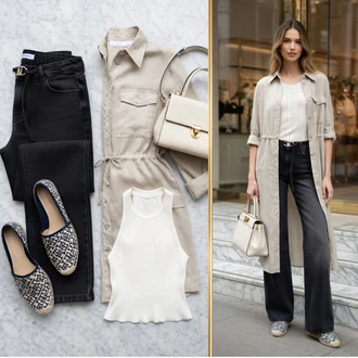 Nadrozměrné Outfit s Béžová/Hnědá/Tmavě hnědá Espadrille pantofle/Espadrilka/Espadrille sandál/Lodička s Přezkou Tommy Hilfiger "Letní outfity"Look: 50. Let, Styl, Rak, Ležérní, Klasické, Cool, Duckfeet, Nadrozměrné, Premium, Bezešvé, Skromné, Trendový