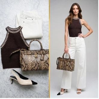 Elegantní, Sportovní Léto Outfit s Béžová/Hnědá/Bílá Plochá bota/Špičatá Balerína/Balerína sling/Strečová baletka/Vintage balerína/Vintage Lodička/Pohodlná lodička/Elegantní Bota Rotate "Letní outfity"Look: Rad, Styl, Šik, Elegantní, Duckfeet, Fancy, Glamourové, Premium, 80tá léta
