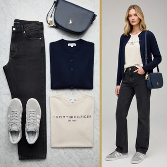 Vintage Outfit s Béžová/Khaki/Hnědá Tričko s nápisem/Zkrácený Top/Tričko s krátkým rukávem/Košile s potiskem/Fancy tričko/Pletené tričko/Neformální tričko/Těhotenské tričko/Tričko Tommy Hilfiger "leto Outfits"Look: Vintage, Egirl, 80tá léta, 90tá léta, Hipster