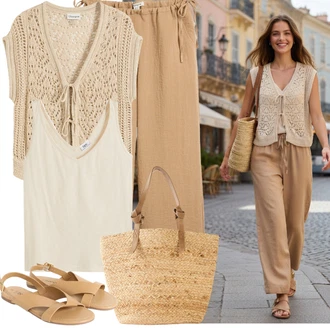 Elegantní Outfit s Béžová/Khaki Svetr s třásněmi/Krátký svetr/Svetr s krátkým rukávem/Letní svetr Bonprix "Outfit na léto"Look: Boho, Francouzské, Venkovní, Elegantní, Vintage, Klasické, Bohémský