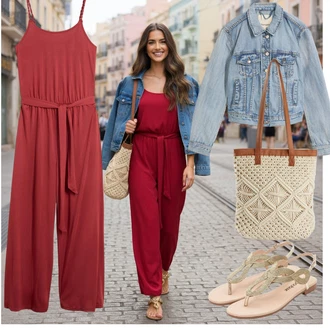 Elegantní Outfit s Béžová/Hnědá/Růžová/Žlutá/Khaki/Bílá/Šedá/Zlatý Páskový Sandál/Sandál Dianette/Sandál S T Páskem Bonprix "Outfit na léto"Look: Burleska, Ležérní, Cool, Disko, Elegantní, S Metall, Premium