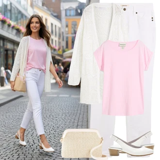 Outfit s Bílá/Krémová Kalhoty s 5 kapsami/Boyfriend Kalhoty/Tesařská kalhoty/Bavlněná Kalhoty/Úzká Kalhoty/Rovná Kalhoty/Twillová Kalhoty/Capri Džíny/Zkrácené Džíny/Dad Džíny/Pánské tričko/Mom Jean/Džíny Regular Fit/Formální Košile/Slim Fit Džíny/Rovná Džína/Zužující se Džíny/Kožená Pánská Bund Bonprix "Letní outfity"