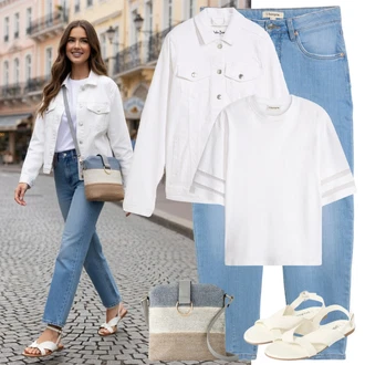 Jízda na koni Outfit s Světle modrá/Modrá Baggy Džíny/Boyfriend Džínové kalhoty/Zkrácené Džíny/Dad Džíny/Girlfriend Džíny/Džíny Volného Střihu/Mom Jean/Formální Košile/Kožená bunda/Zužující se Džíny Bonprix "Letní outfity"Look: Tanec, Volný čas, Jízda na koni