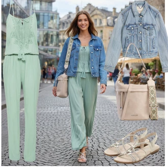 Elegantní Outfit s Béžová/Bílá/Khaki/Stříbrný Pletený Sandál/Sandál se třpytkami/Páskový Sandál/Letní Bota/Sandál S T Páskem Bonprix "Outfit na léto"Look: Šik, Disko, Elegantní, S Metall