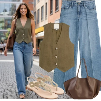 Culotte Outfit s Světle modrá/Modrá Džíny Volného Střihu/Plisované Džíny/Kožená Pánská Bund/Džíny Culottes/Džín s Širokou Nohavicí/Dad Džíny Bonprix "Outfit na léto"