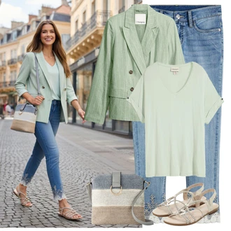 Elegantní Outfit s Béžová/Bílá/Khaki/Stříbrný Pletený Sandál/Sandál se třpytkami/Páskový Sandál/Letní Bota/Sandál S T Páskem Bonprix "Letní Outfit"Look: Šik, Disko, Elegantní, S Metall