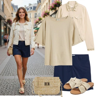 Outfit s Khaki/Béžová/Zlatý/Hnědá Tričko nadměrné velikosti/Pletené tričko/Tričko s krátkým rukávem/Tričko/Košile s krátkým rukávem/Košilová Blůza/Mušelínová košile Bonprix "Letní Outfity"