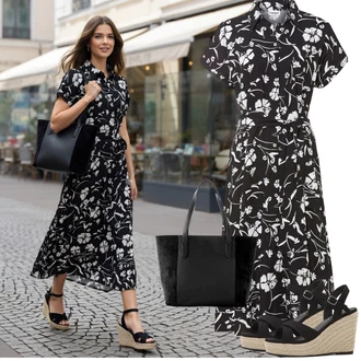 Elegantní Outfit s Béžová/Černá/Růžová/Hnědá/Fialová Espadrille sandál/Espadrilka s klínovým podpatkem/Espadrilka na Podpatku Bonprix "letní outfit"Look: Ležérní, Cool, Disko, Elegantní, Old Money, Bezešvé
