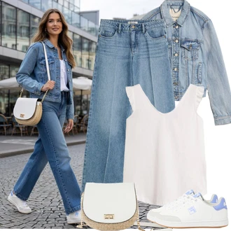 Culotte Outfit s Světle modrá/Modrá Džíny Volného Střihu/Plisované Džíny/Kožená Pánská Bund/Džíny Culottes/Džín s Širokou Nohavicí/Dad Džíny Bonprix "letní outfit"