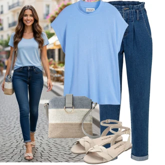 Outfit s Modrá/Světle modrá Ležérní košile/Barevná košile/Košilová Blůza/Košile s krátkým rukávem/Pletené tričko/Tričko nadměrné velikosti/Tričko s krátkým rukávem Bonprix "Stylový vzhled pro volný čas"