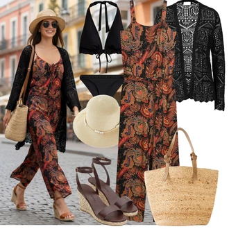 Outfit s Hnědá/Červená/Béžová/Tmavě Hnědá Bota Espadrille sandál/Bota Na Klínku/Sandál na klínku/Espadrilka s klínovým podpatkem/Letní Bota Bonprix "Outfit na léto"