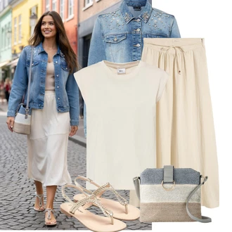 60. Let Outfit s Béžová/Khaki Sukně do Délky Lýtka/Dlouhá Sukně/Maxi sukně/Středověká Sukně/Midi Sukně/Moderní Sukně/Vázací Sukně/Unisex Sukně/Vintage sukně maxi Bonprix "Stylový vzhled pro volný čas"Look: Lev, Babydoll, Boho, Hippie, Old Money, Traditional, Klasické, 60. Let, Retro